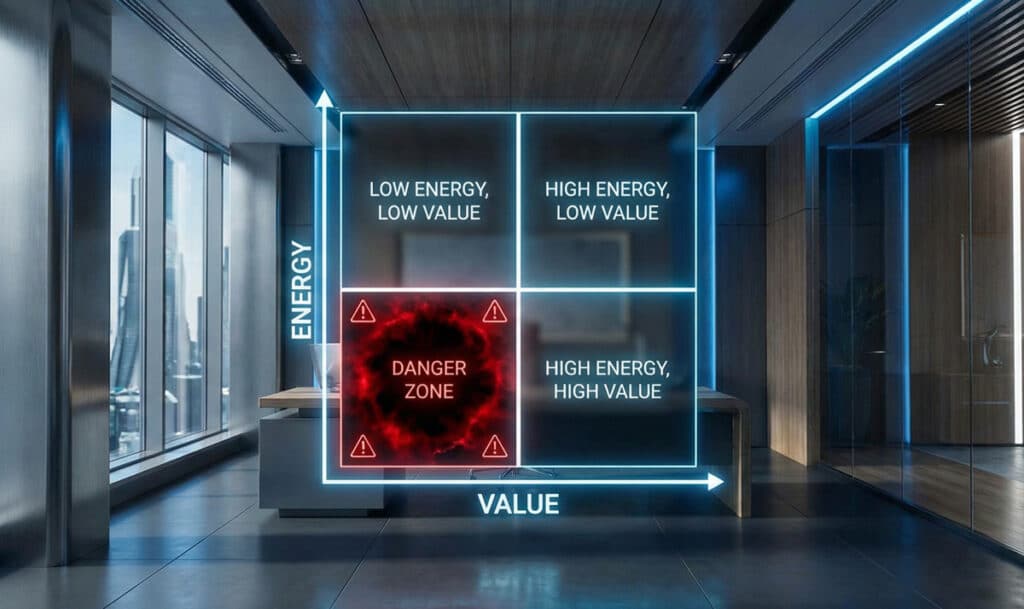 Digital E-Value Matrix chart with axes for Energy and Value, highlighting the red "Danger Zone" for high-energy, low-value tasks that should be delegated.