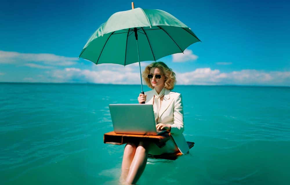 A remote executive assistant working on a laptop while sitting on a tropical island surrounded by the sea, illustrating the concept of location independence.