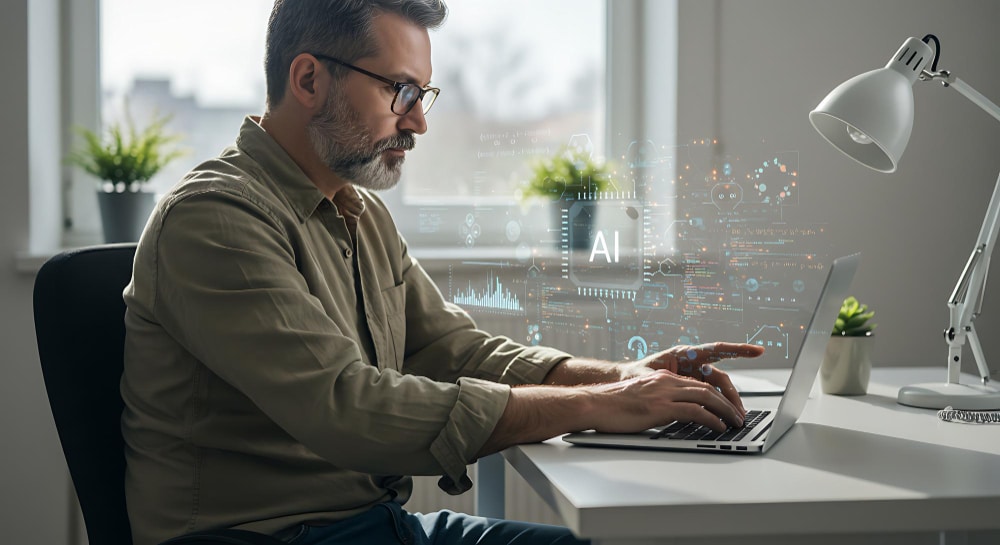 A founder working at a laptop with productivity and AI tools open, reviewing tasks in a modern office