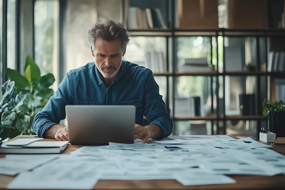 A founder documenting a business process on a laptop, building a standard operating procedure
