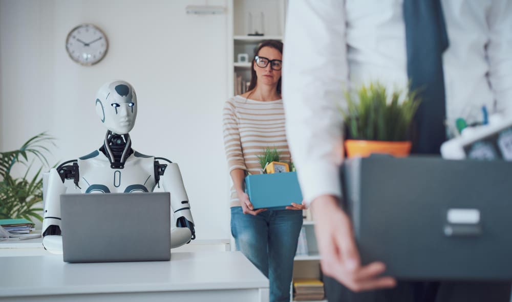 an ai robot working in office, real assistant leaving office